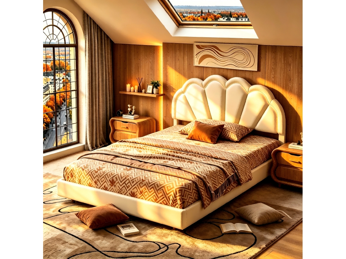 Cama Doble Tapizada De 140 X 200 Cm, Cama Flotante Con Patas Ocultas, Cabecero Elástico Con Forma De Pétalos De Algodón, Estructura De Cama Con Led