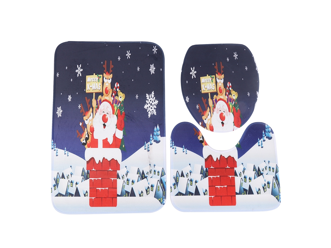 Juego de 3 piezas de toalla de elfo navideño, funda de asiento de inodoro de poliéster, alfombra rectangular en forma de U, decoración de baño