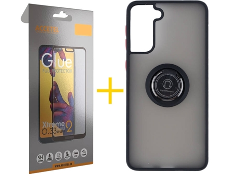 Carcasa y Protector de Pantalla de Vidrio Full Samgung S21 Plus ACCETEL Gel Bumper Ring Negro