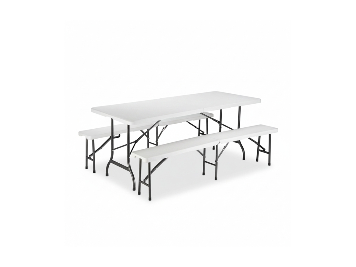 Relaxdays Conjunto Mesa Y Bancos Jardín Plegables, Plástico, Blanco, 74 X 180 X 74.5 Cm