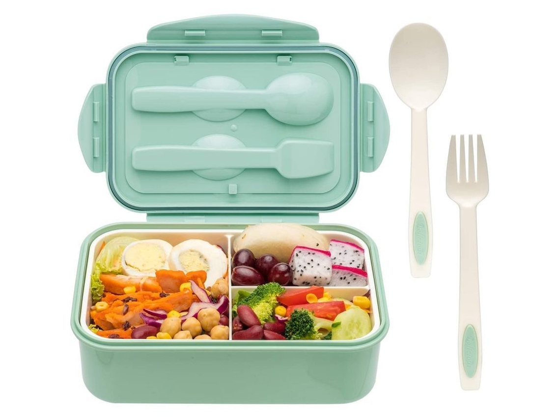 Fiambrera Con Cuchara Y Tenedor, Resistente, Tamaño Perfecto Para Comidas Fuera De Casa, Materiales Libres De Bpa Y Aptos Para Alimentos, Color Verde.