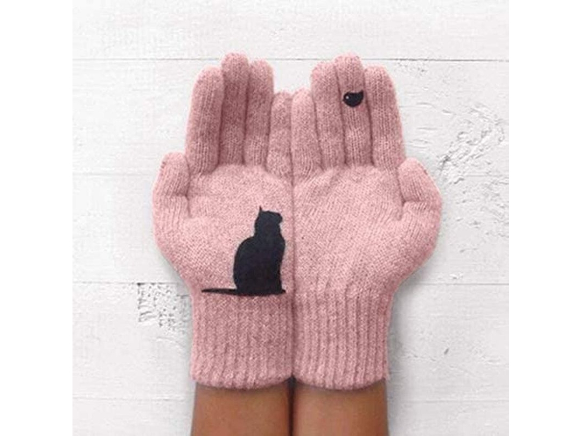 Guantes De Cachemir Para Mujer Con Estampado De Gato, Acolchados, Cálidos, Para Invierno Y Otoño, Protección Contra El Frío.