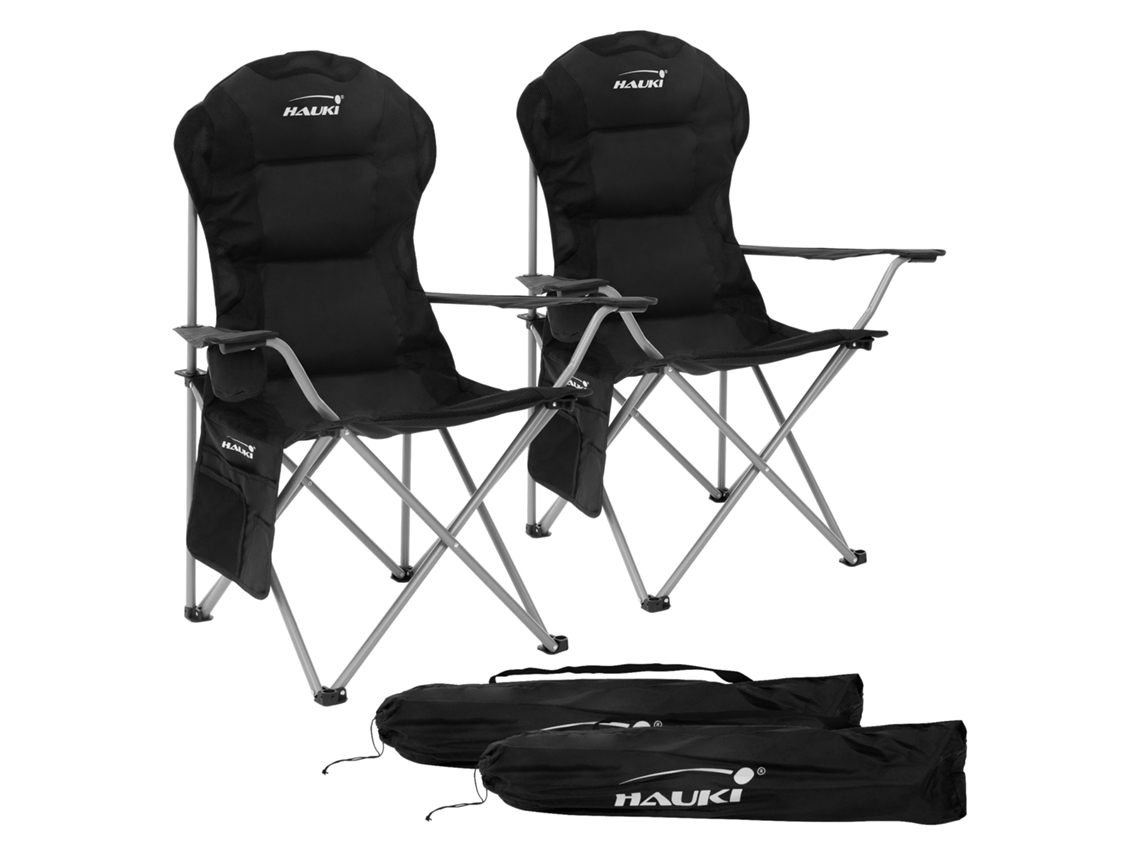 2x Sillas plegables de camping negra asientos de pesca con portavasos y bolsa HAUKI