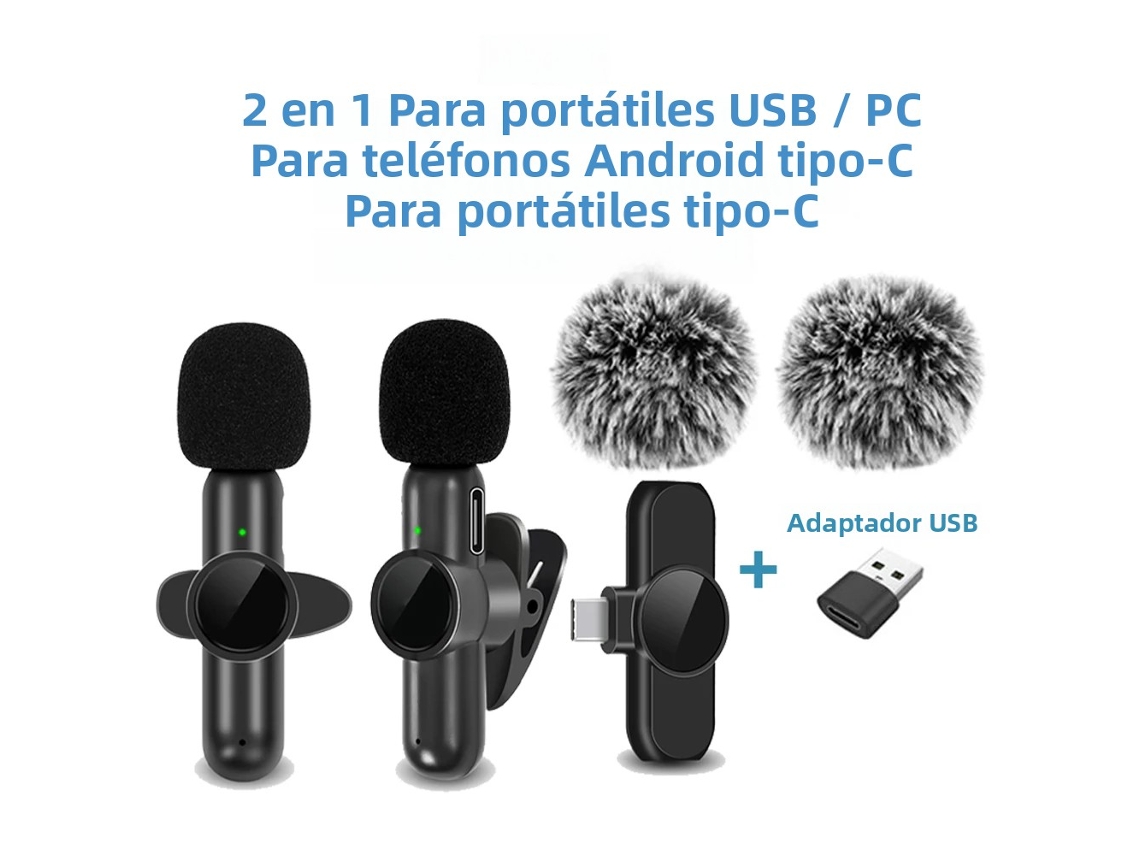 Micrófono de solapa inalámbrico de 2.4G con cancelación de ruido, compatible con varios dispositivos. Mdug (dos juegos, uno con conector CE y otro con USB).