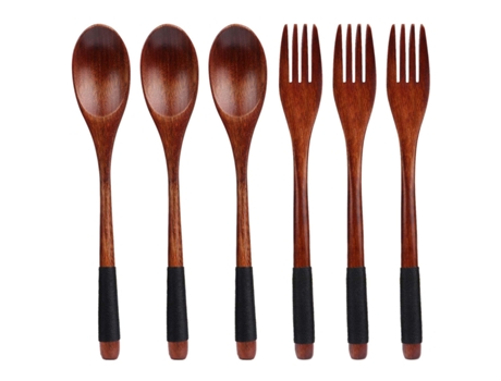 Juego De Cuchara Y Tenedor De Madera Natural, Juego De Vajilla Japonesa De Mango Largo Para Vajilla De Cocina, 6 Piezas ZMDECQNA