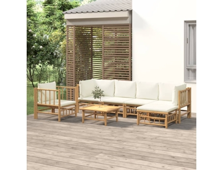 Conjunto 7 de muebles de jardín VIDAXL bambú y cojines blanco crema