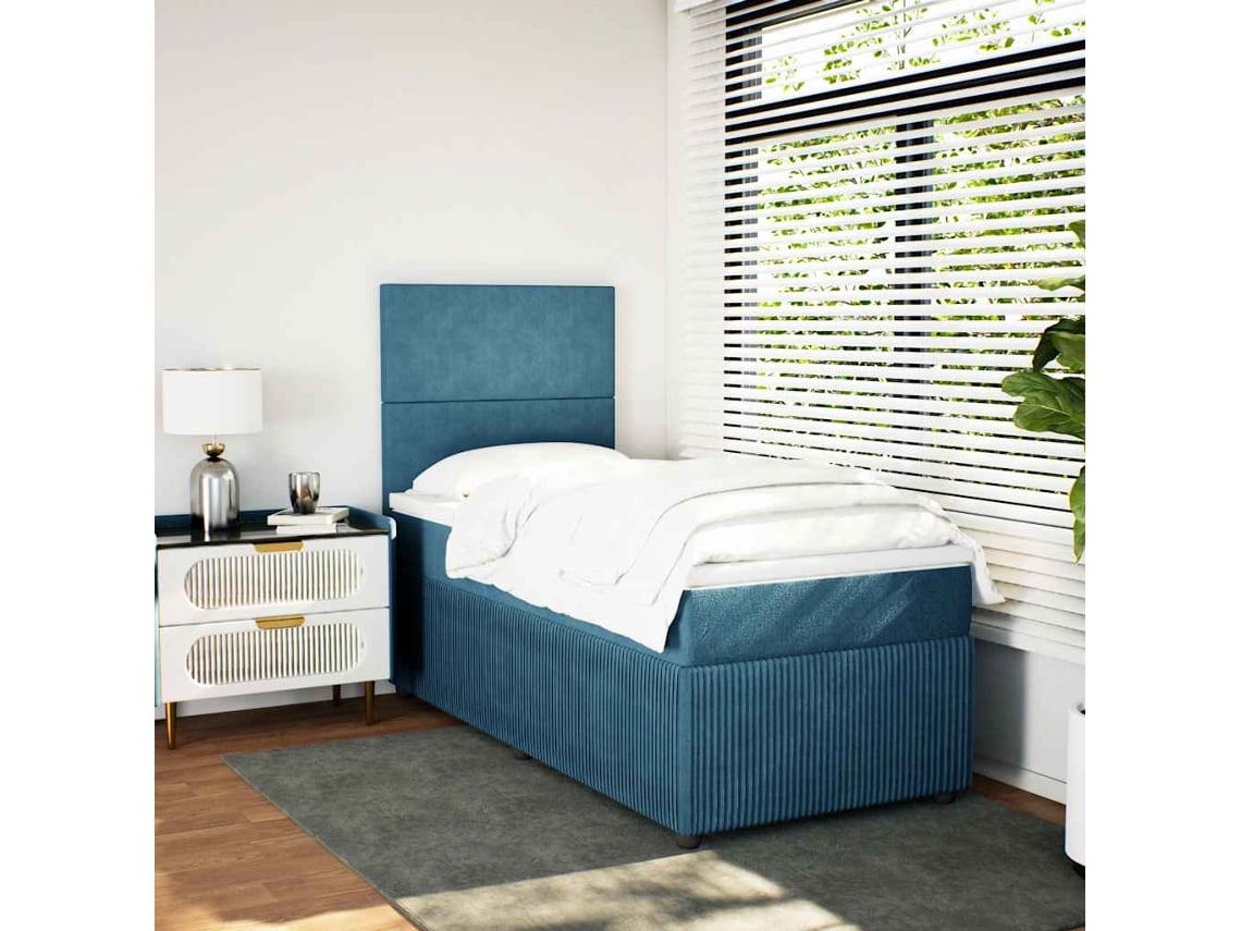 Cama Box Spring Con Colchón Terciopelo Azul 90x190 Cm