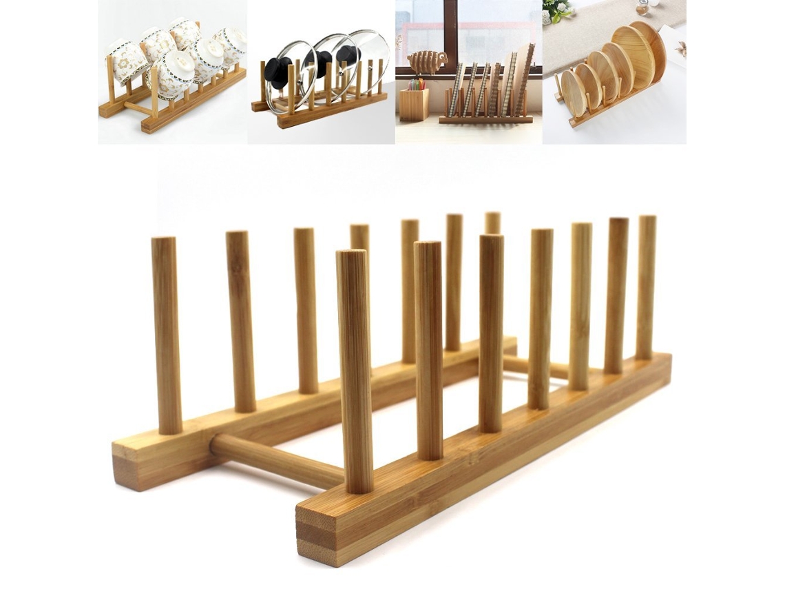Escurreplatos de bambú de 2 piezas, escurridor y soporte para tapas, organizador de cocina para platos, tazones, tazas y tapas de ollas.