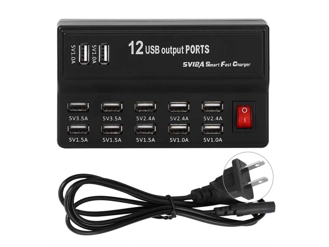 Cargador rápido USB de 12 puertos para dispositivos domésticos y móviles.