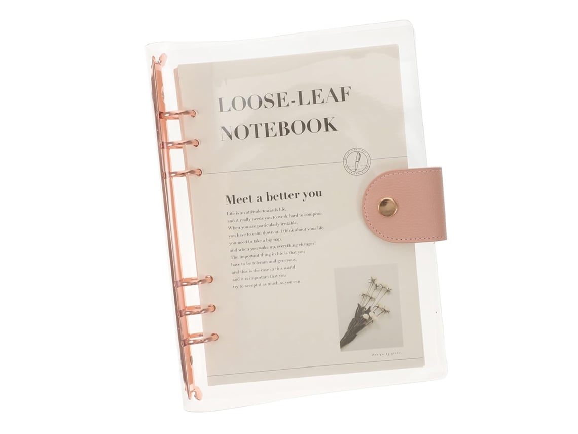 Cuaderno transparente y desmontable con hojas sueltas y rayadas, ideal para la organización y la escritura.