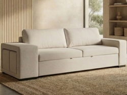 Sofá Cama 3 Plazas BUDWING Avery Beige + Chaise Longue + 2 Pufs (248 x 117 x 90 cm - Reversible Lado Derecho/Izquierdo)