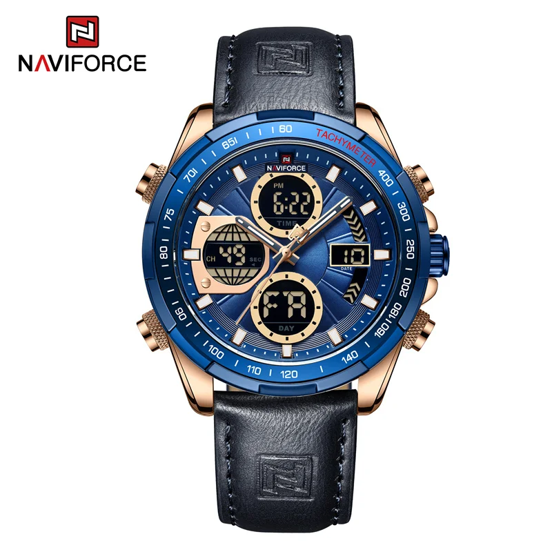 Reloj De Cuero Genuino Para Hombre (oro Rosa Y Azul), Cronógrafo Resistente Al Agua De Grado Militar.