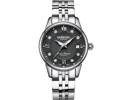 VEANXIN Relojes impermeables con esfera de acero y banda de acero automático con diamantes para mujer-Negro