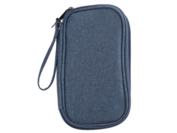 Organizador electrónico portátil de doble tapa azul oscuro para cargadores, cables, auriculares y teléfonos de viaje.