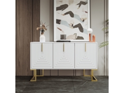 Aparador Moderno Con Estantes Ajustables, 3 Puertas Con Forma De U, Tiradores Y Base De Metal Blanco.