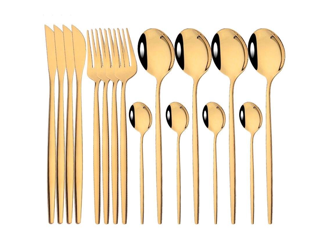 (oro) Juego De Cubiertos De 16 Piezas, Cubiertos De Acero Inoxidable Con Acabado Espejo, Tenedor, Cuchara Y Cuchillo.