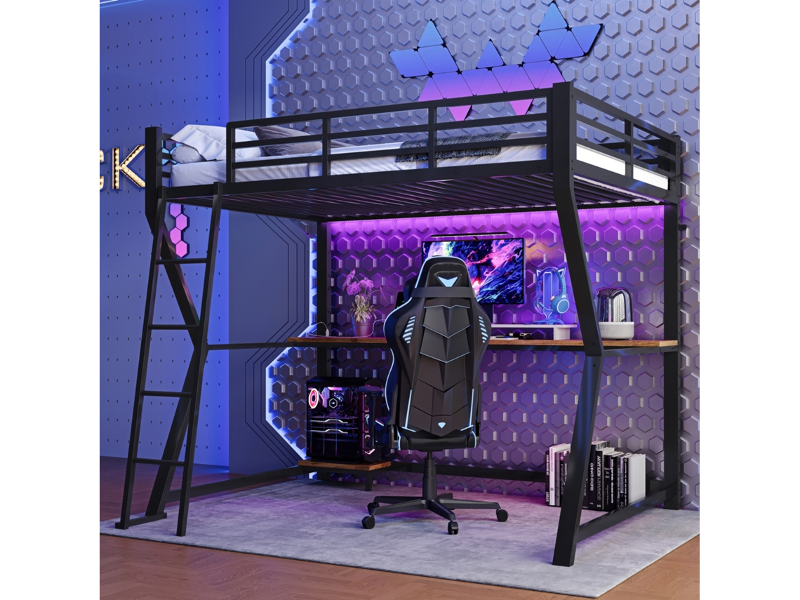 Cama Alta De 90x200 Con Iluminación Led, Estante, Escritorio, Toma Usb Y Barandilla Negra.