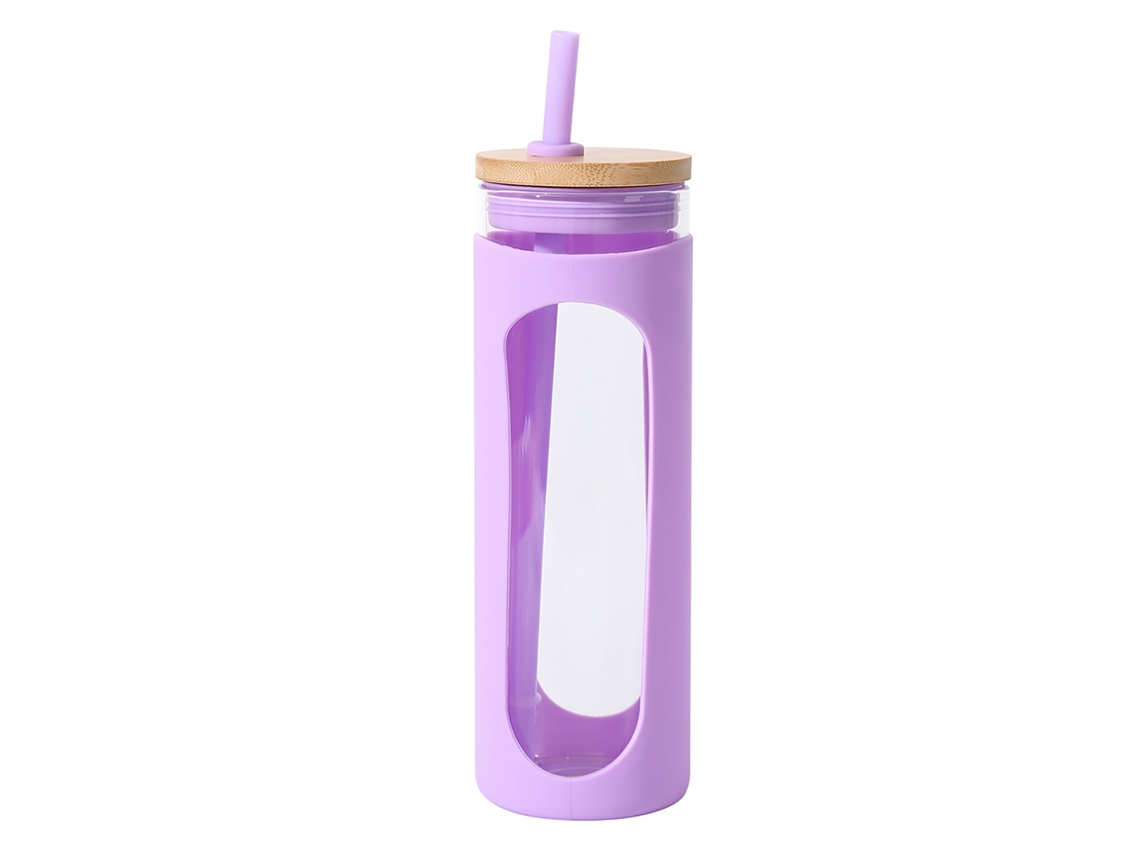 Vaso de vidrio de 600 ml con tapa de bambú y pajita, botella a prueba de fugas con funda de silicona RNEMITERY