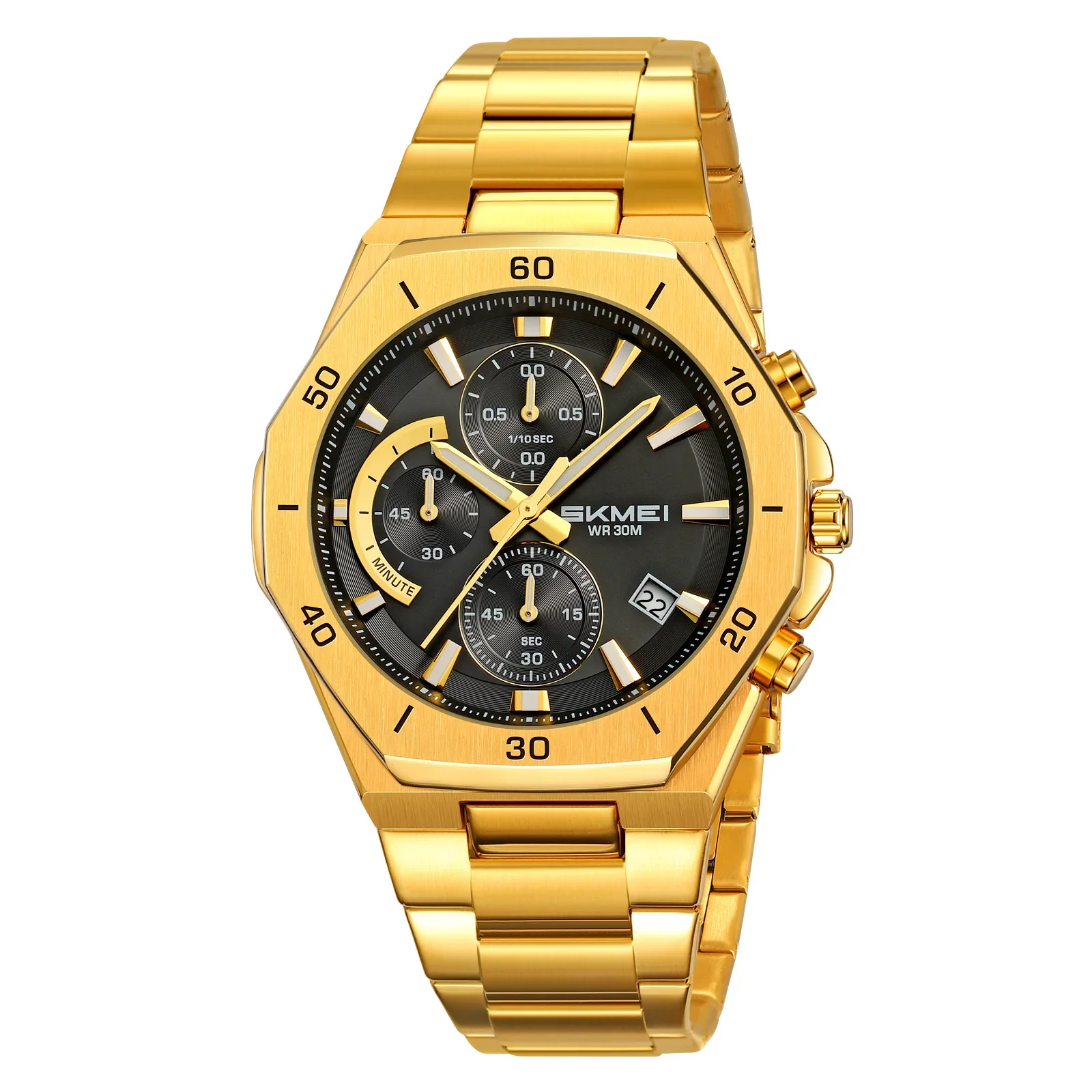 Reloj De Aleación (dorado Y Negro) Con Correa De Acero Inoxidable, Indicador De Fecha Y Hora, Resistente Al Agua.