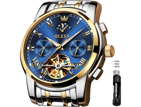 VEANXIN Reloj Tourbillon luminoso de acero inoxidable con fase lunar, mecánico, automático, hueco, resistente al agua, para hombre(oro plata)
