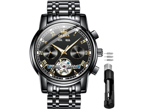 VEANXIN Reloj Tourbillon mecánico automático de acero inoxidable resistente al agua y luminoso para hombre(negro)