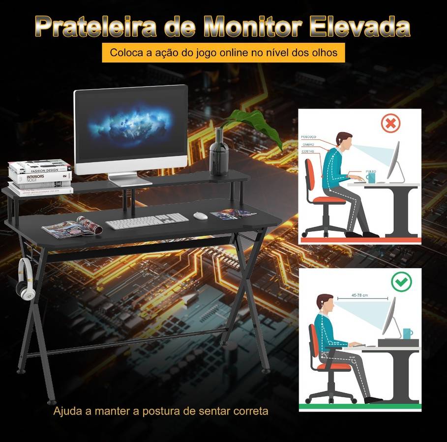 Mesa Gaming HOMCOM Con soporte para monitor y auriculares (140 x 60 x 90 cm - MDF - Negro)