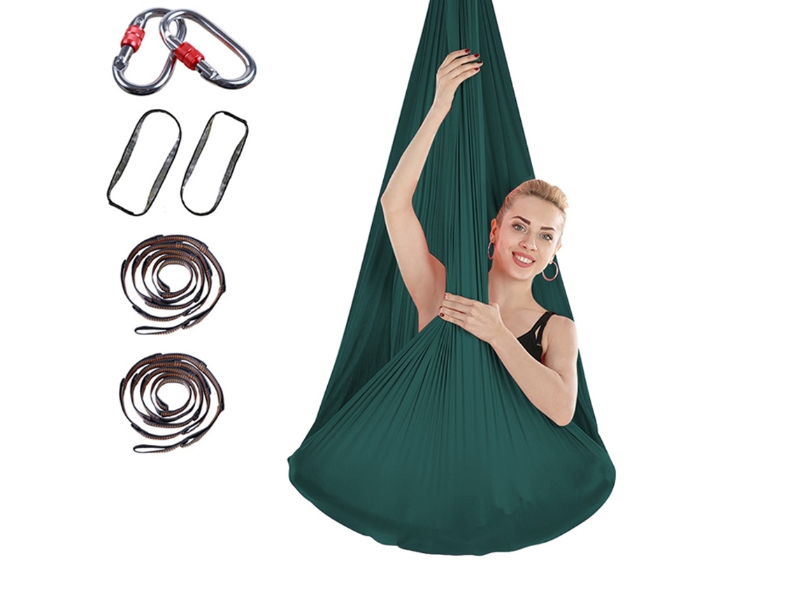 Hamaca de yoga de 400 x 280 cm con correa de extensión y cierre (verde oscuro)