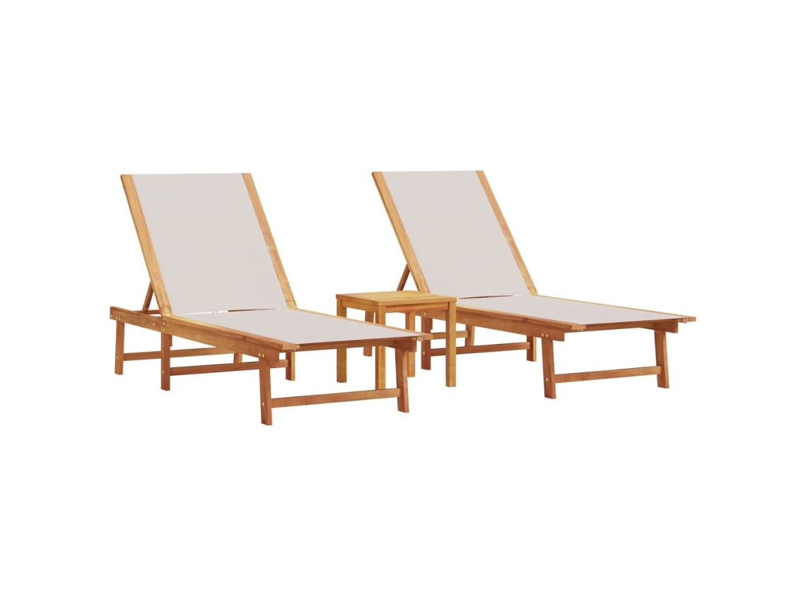 Juego de 2 tumbonas con mesa, acacia maciza y textileno gris, EXCLUSIVA MAISON