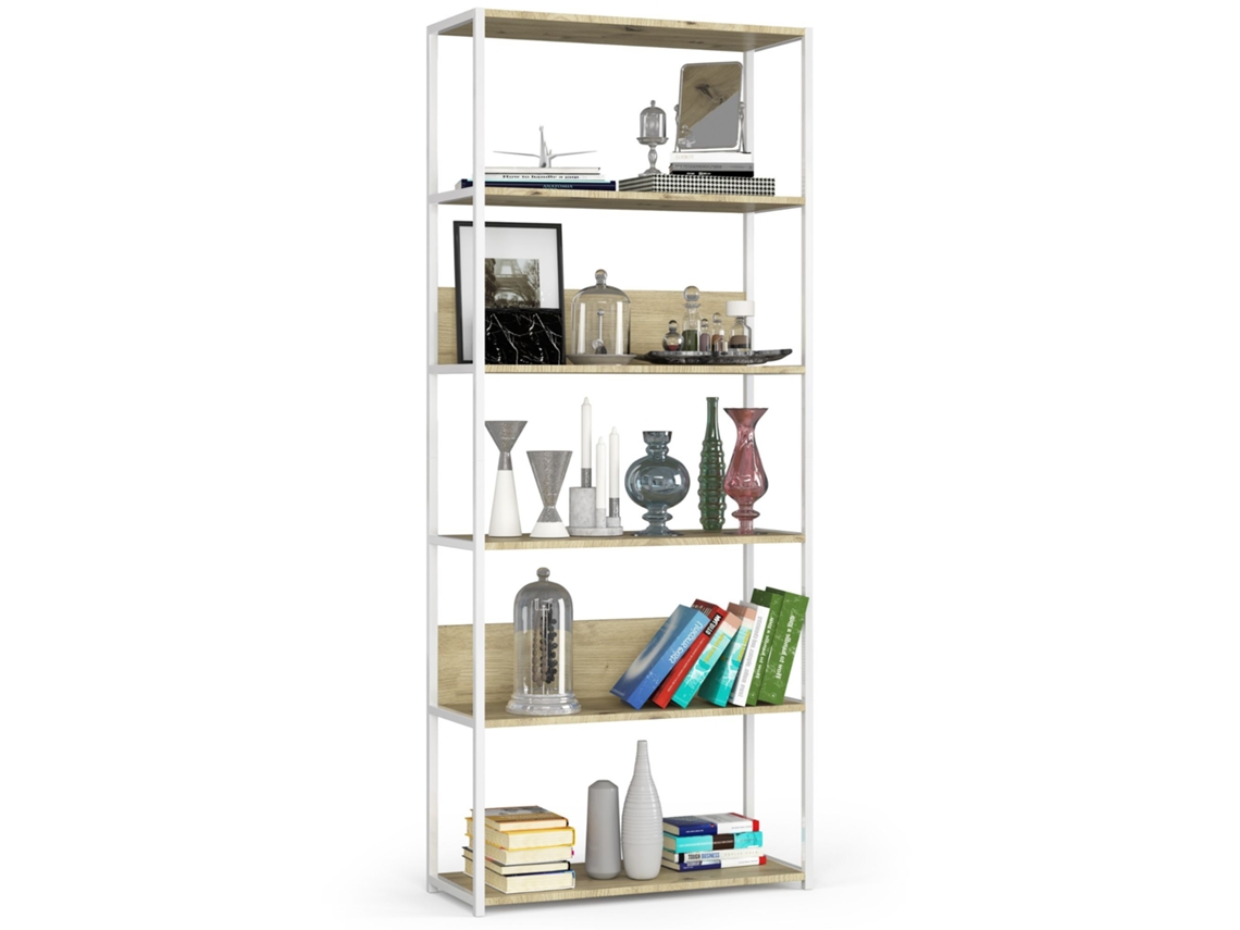 Estantería Loft 80 Cm Akord Metálica Blanca Con 6 Estantes En Roble Artesano Mate 80x32x191 Cm