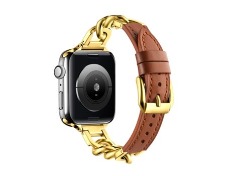Correa de reloj inteligente para Apple Watch SE 2023 de cuero genuino con cadena de 40 mm, Talla: L (marrón dorado)