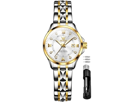 VEANXIN Reloj mecánico automático para mujer con diamantes en oro, acero inoxidable clásico de dos tonos(Cara Blanca Dorada Plata)