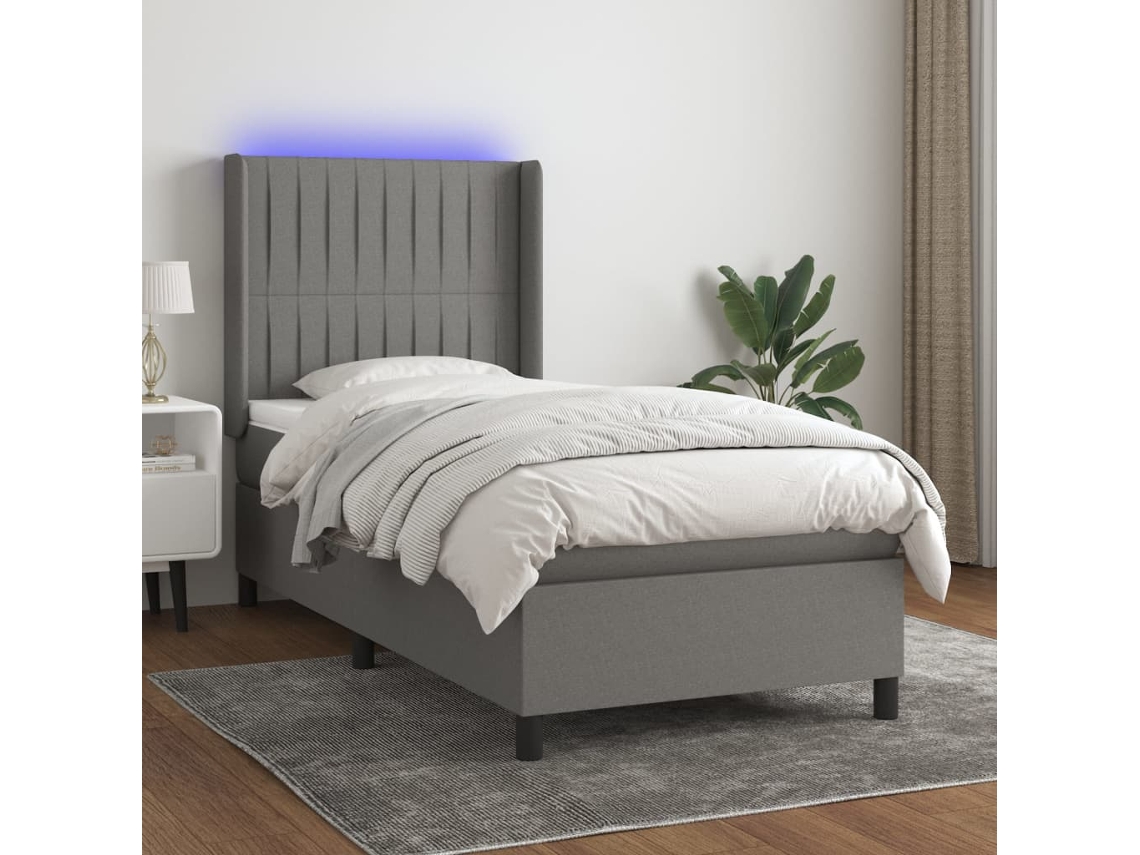 Cama Box Spring Colchón Y Luces Led Tela Gris Oscuro 90x190 Cm
