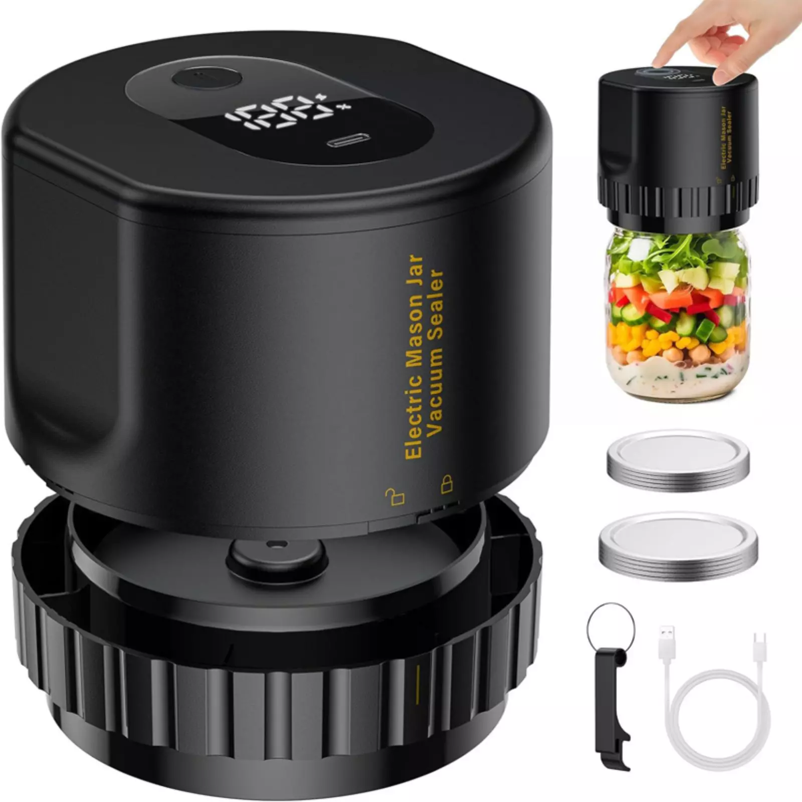 Sellador Al Vacío Eléctrico Para Tarros De Vidrio Compatible Con Boca Larga Regular Negra Gusshious