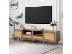 Mueble de TV, 200*37*49 cm, mueble de TV con diseño de ratán sintético, patas de madera maciza, panel de TV de ratán.