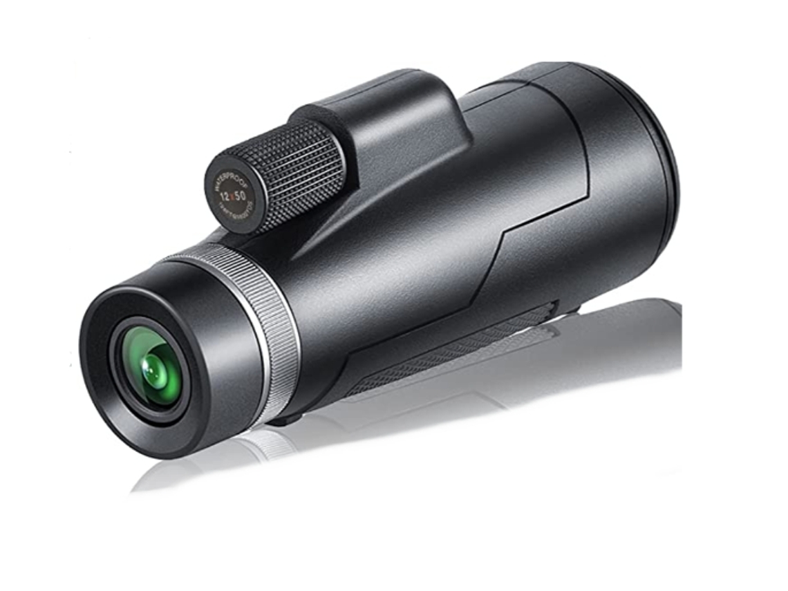 Telescopio monocular de alta definición con lente FMC 12x50 y prisma Bak4, ideal para observación de aves, color negro.