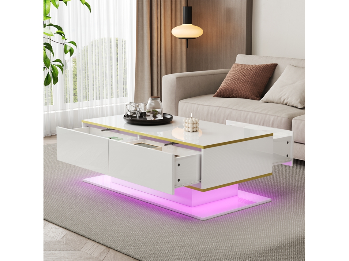 Mesa de centro moderna con iluminación LED y 3 cajones QINGYU TECH (100 cm)