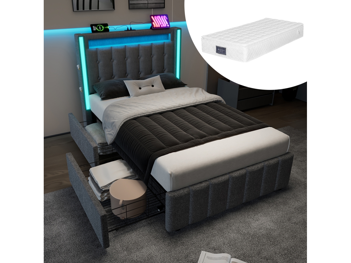 Cama Individual De 90x200 Cm Con Almacenamiento Usb-c E Iluminación Led, 2 Cajones, Estructura De Madera, Color Gris, Con Colchón.