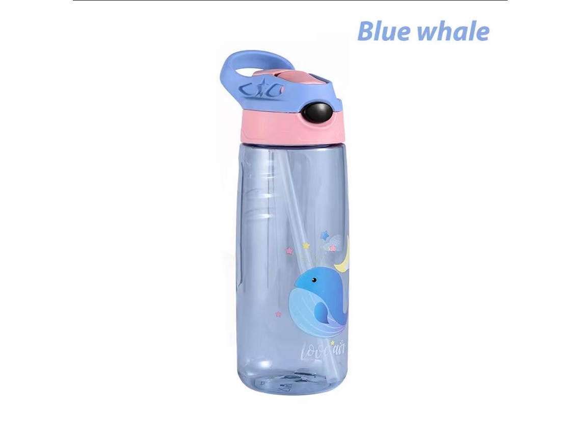 (ballena Azul) Botella De Agua Infantil De 500ml Con Tapón Y Pajita, Libre De Bpa.