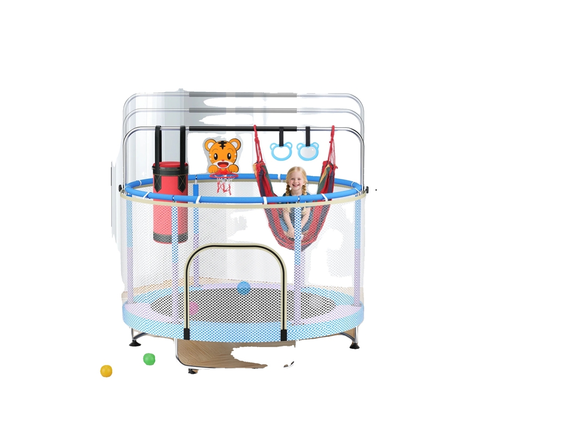 Cama elástica infantil, barra ajustable, red de seguridad, azul.