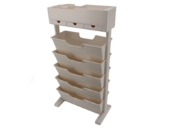 Librería estrecha de plástico blanco y beige, estantería de exhibición utilitaria para sala de estar, dormitorio y cocina con 3 cajones.