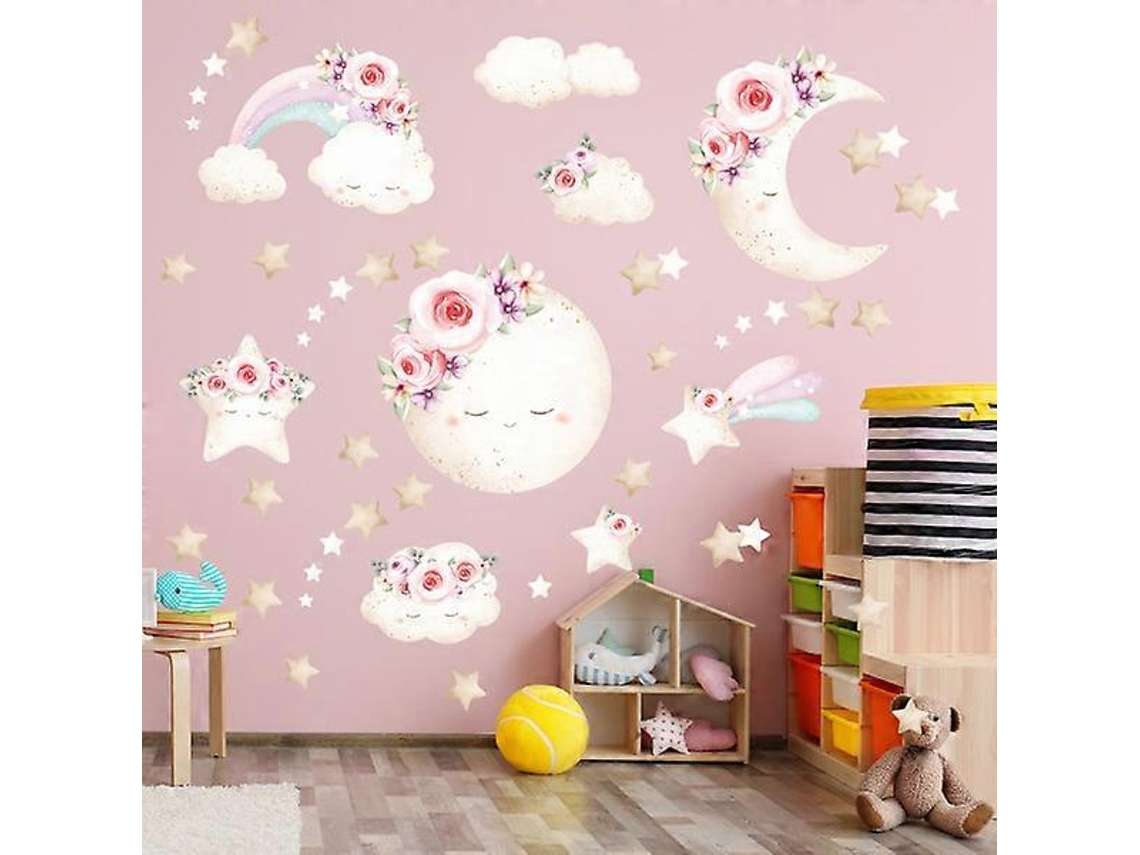 Conjunto de pegatinas de pared con motivos de luna, estrellas y arcoíris.