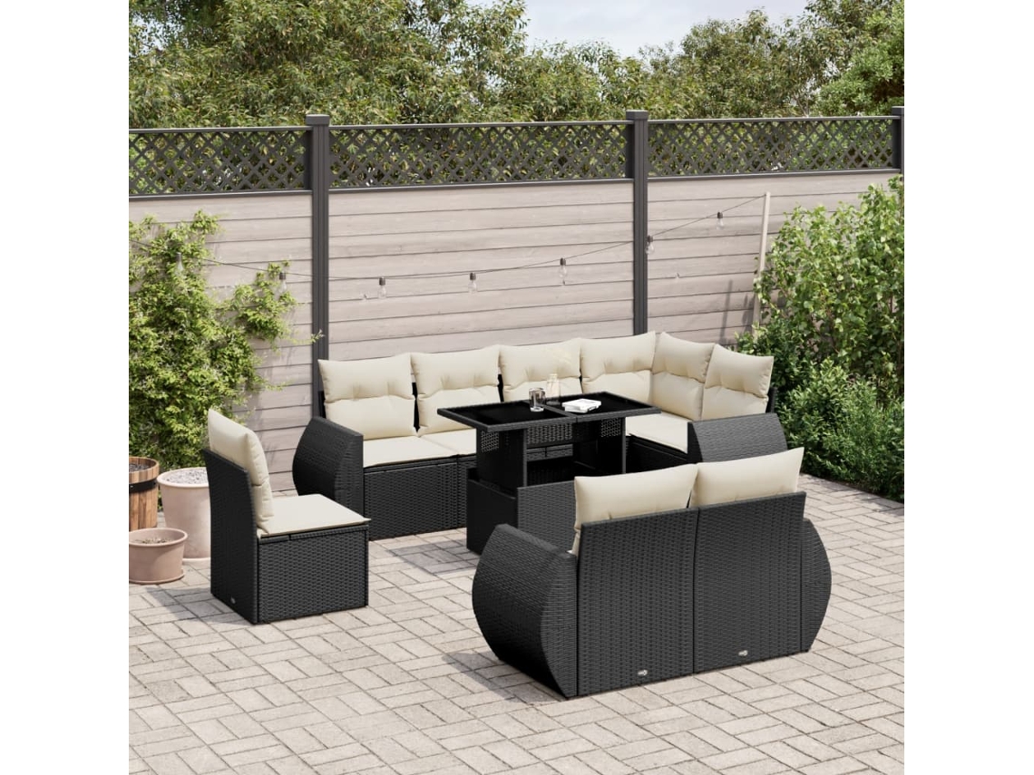Conjunto de sofá de jardín de 9 piezas con cojines, ratán negro, Dkd Home Decor