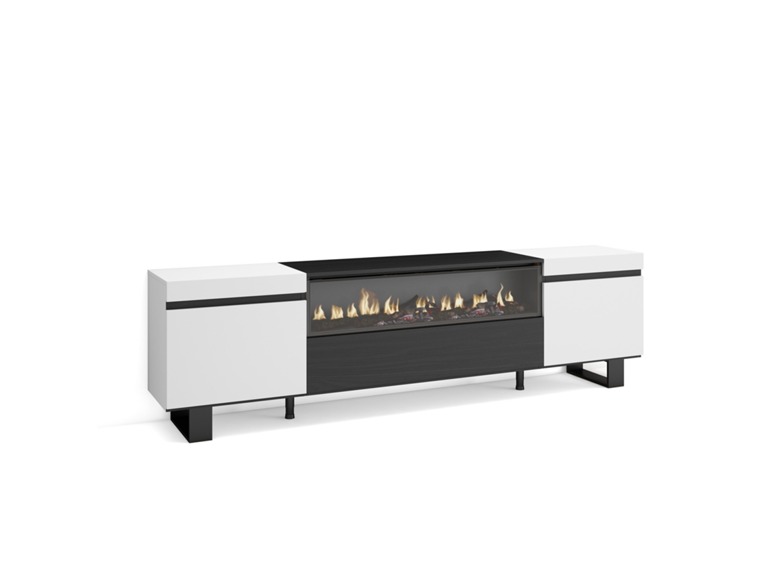 Mueble Tv, Televisión, 200x35x57cm, Para Tv Hasta 80", Chimenea Eléctrica, Diseño Industrial, Blanco Y Negro