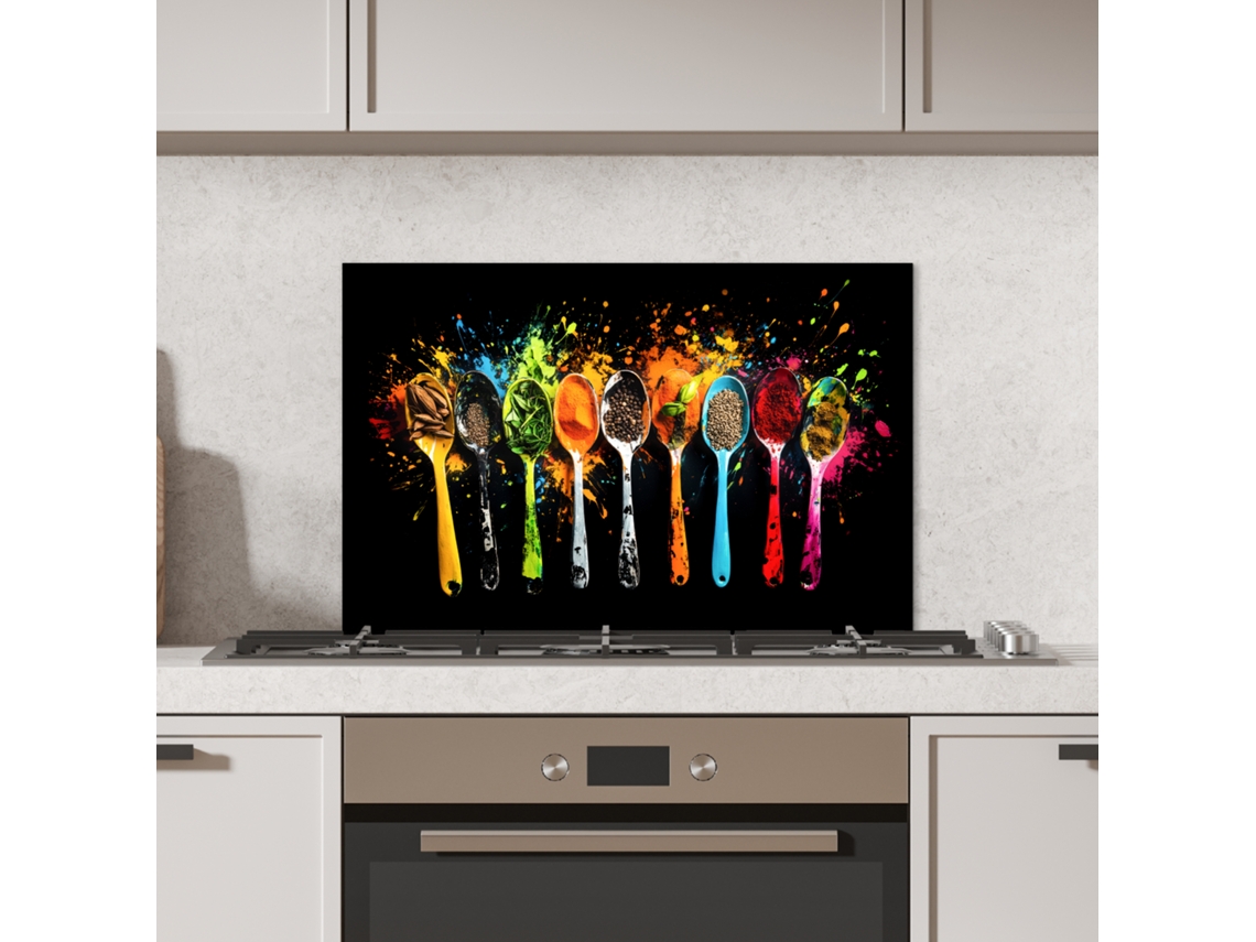Panel Antisalpicaduras Cocina Cucharas - Especias - Moderno - Graffiti - Pintura - Colorido 70x50 Cm