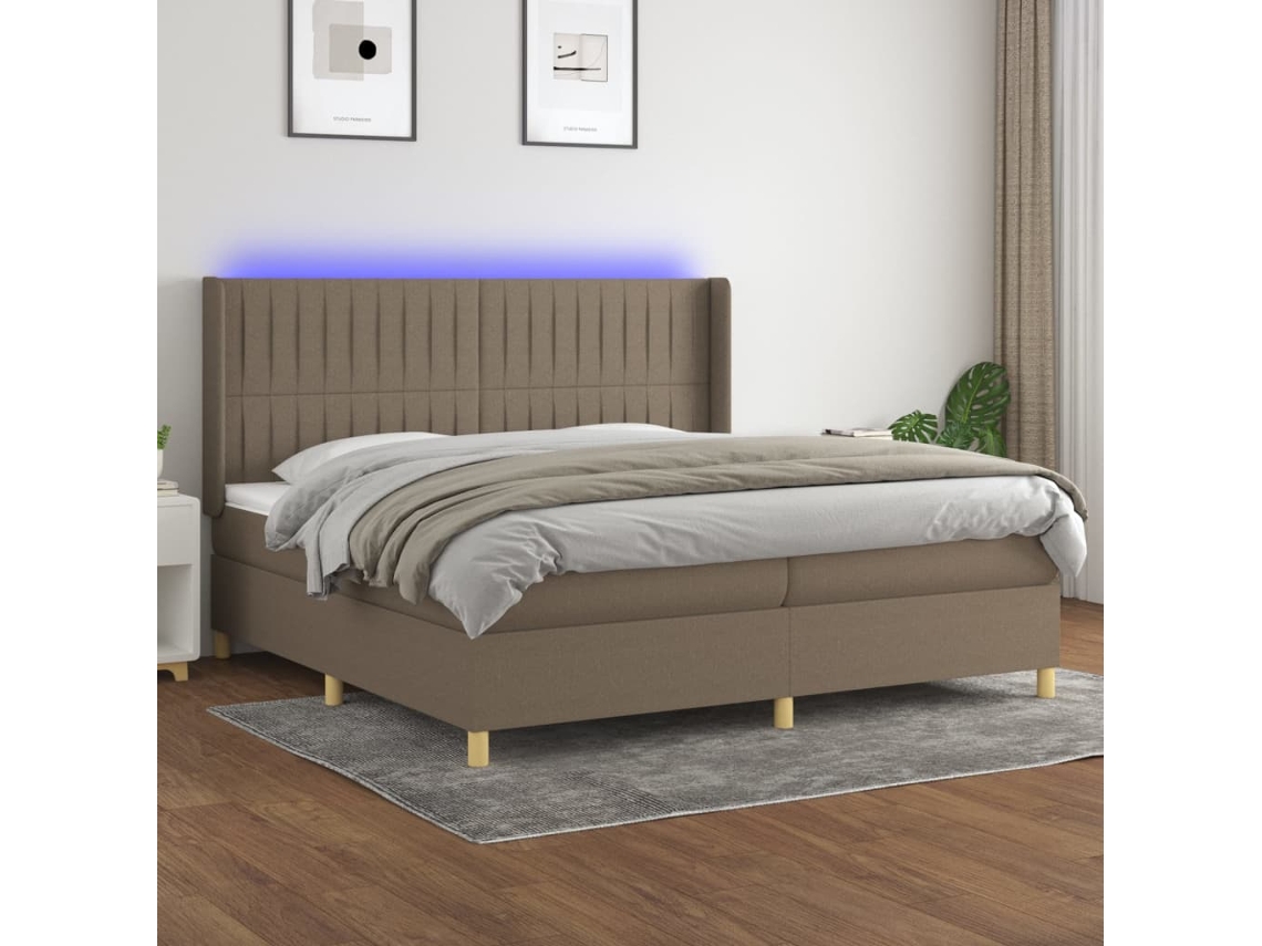 Cama Box Spring Colchón Y Luces Led Tela Gris Taupe 200x200 Cm