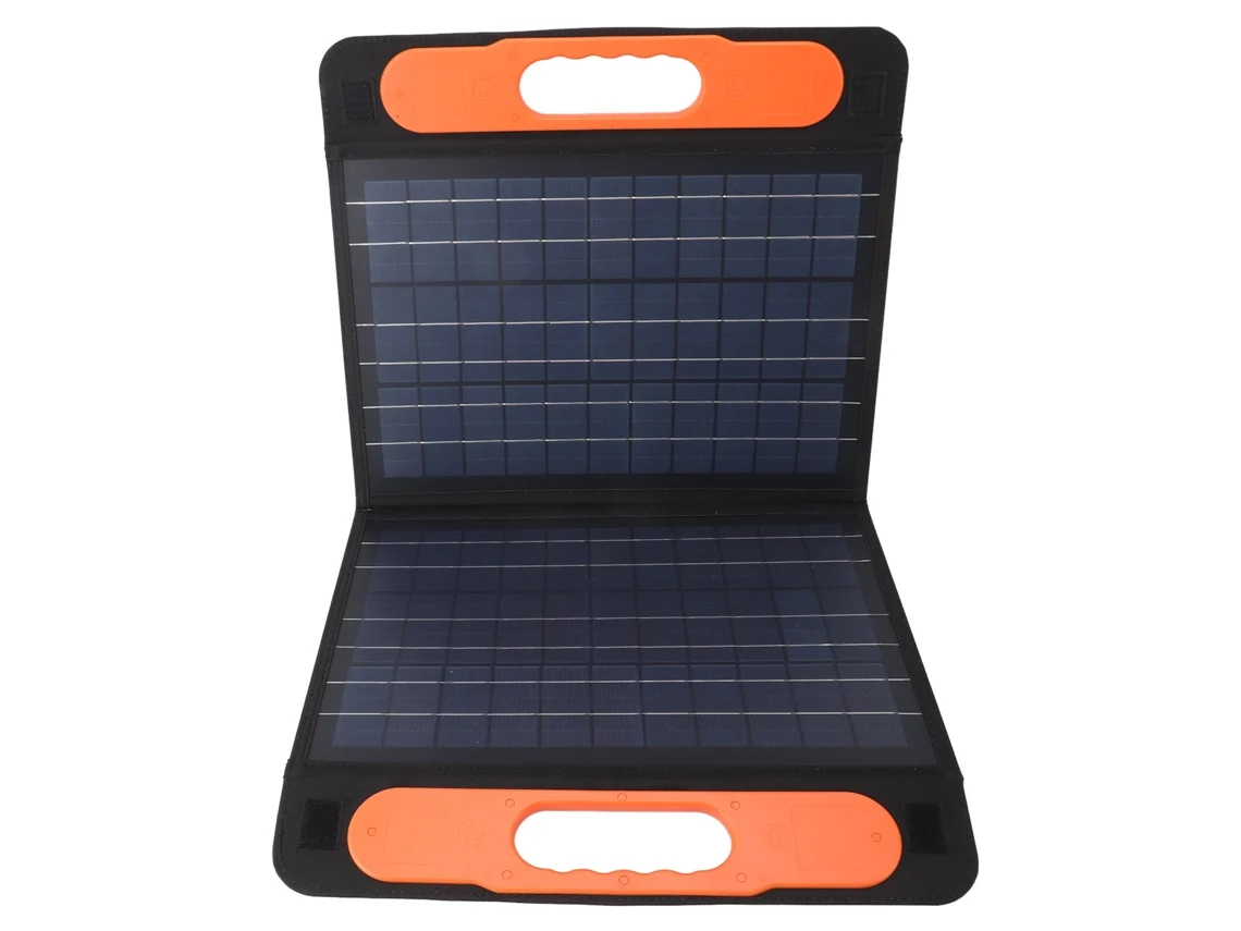 Panel solar portátil de 60 W y 18 V con soporte y puertos USB para camping.