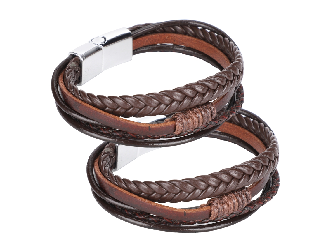 Pulsera De Cuero Sintético Trenzado De 2 Piezas Con Botón Magnético, Brazalete Vintage, Joyería
