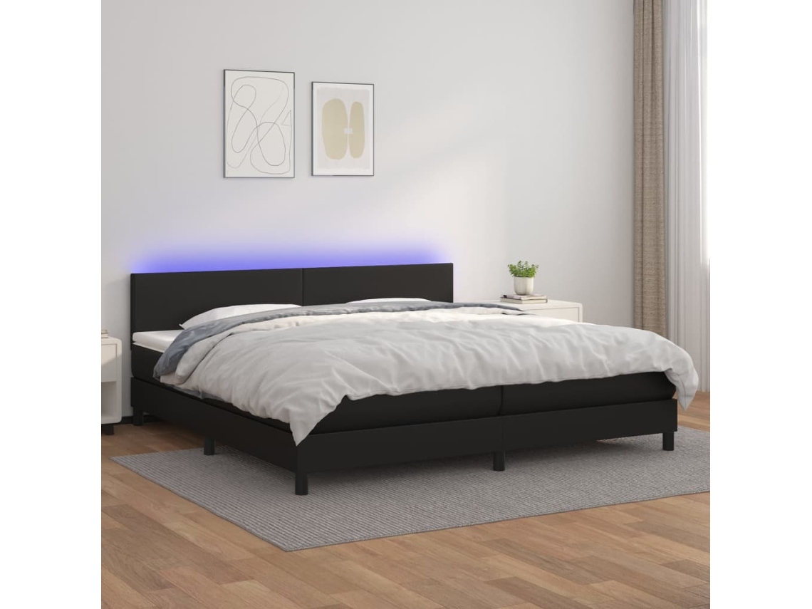 Cama Box Spring Colchón Y Led Cuero Sintético Negro 200x200 Cm