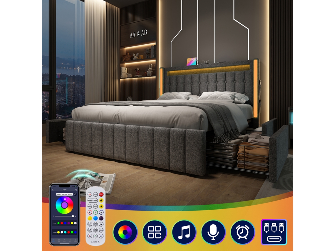 Cama Doble De 140x200 Cm Con Usb-c, Led, 4 Cajones, Color Gris. Colchón No Incluido.