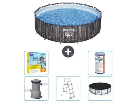 Piscina BESTWAY Round Steel Pro MAX - Impresión en madera - 427 x 107 cm - Incluye bomba - Escalera - Cobertor Paquete de mantenimiento - Filtrar